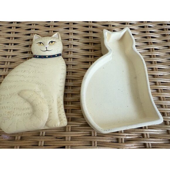 Vintage 80s Bisque Ceramic Set Yellow Cat Figurine and Trinket Box - Picture 7 of 14